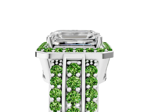 White gold Emerald Cut Halo Diamond Ring with Round with Peridot side stone Split Shank and Prong Setting_5