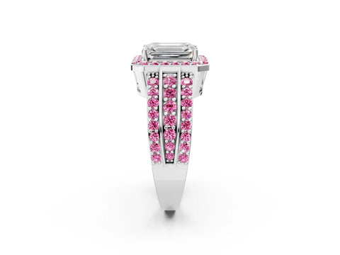 White gold Emerald Cut Halo Diamond Ring with Round with Pink Sapphire side stone Split Shank and Prong Setting_26