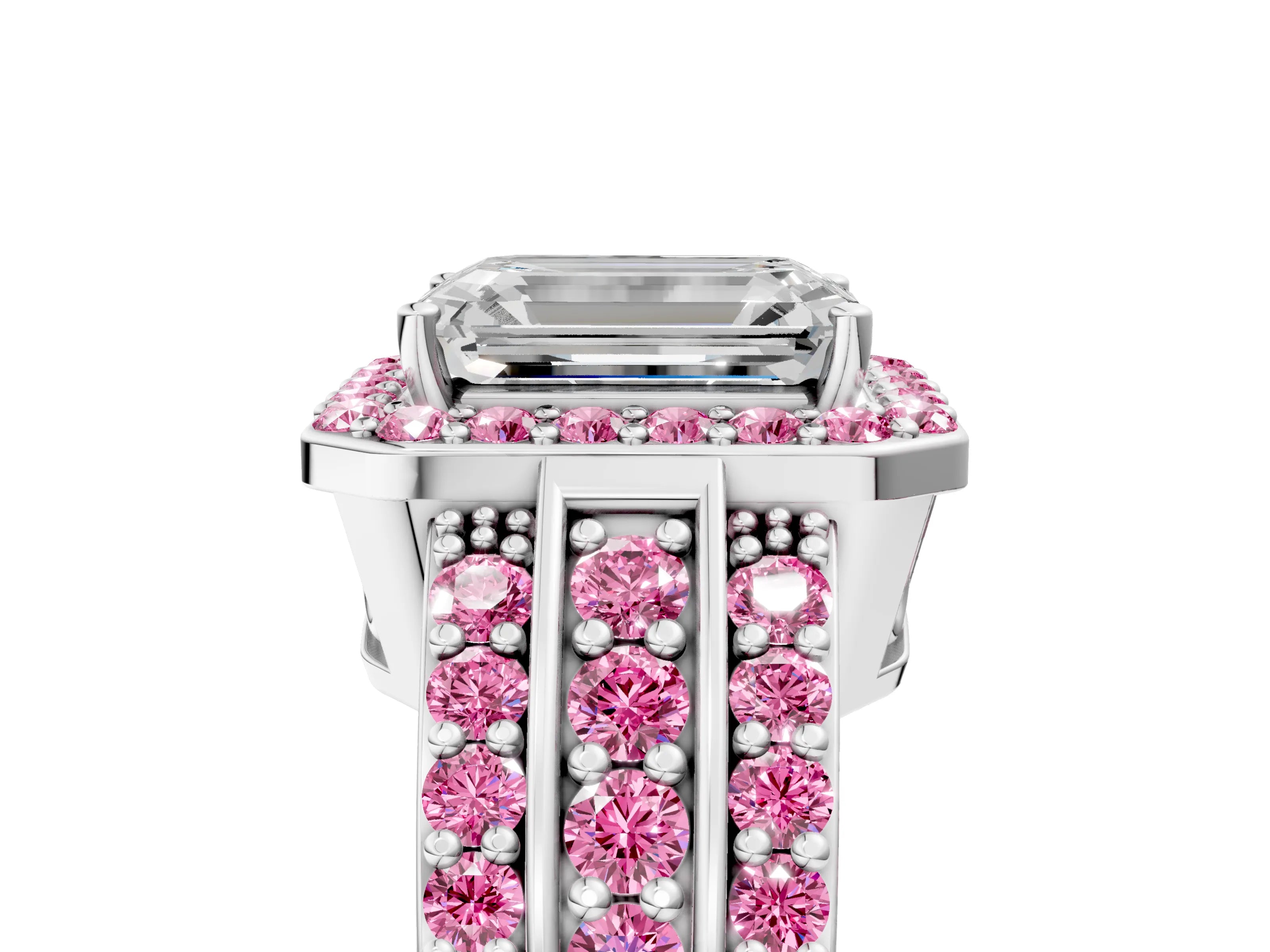 White gold Emerald Cut Halo Diamond Ring with Round with Pink Sapphire side stone Split Shank and Prong Setting_29