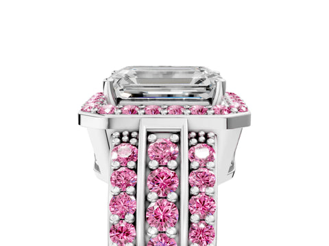White gold Emerald Cut Halo Diamond Ring with Round with Pink Sapphire side stone Split Shank and Prong Setting_29