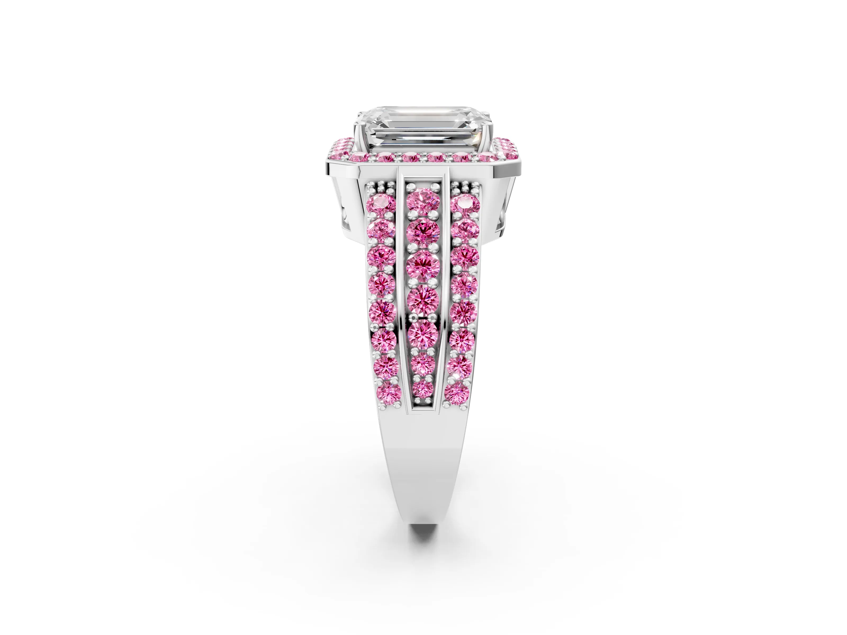 White gold Emerald Cut Halo Diamond Ring with Round with Pink Sapphire side stone Split Shank and Prong Setting_33