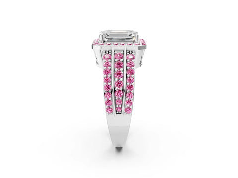 White gold Emerald Cut Halo Diamond Ring with Round with Pink Sapphire side stone Split Shank and Prong Setting_33
