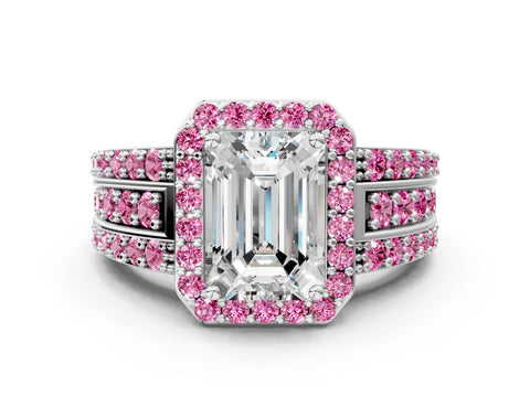 White gold Emerald Cut Halo Diamond Ring with Round with Pink Sapphire side stone Split Shank and Prong Setting_36