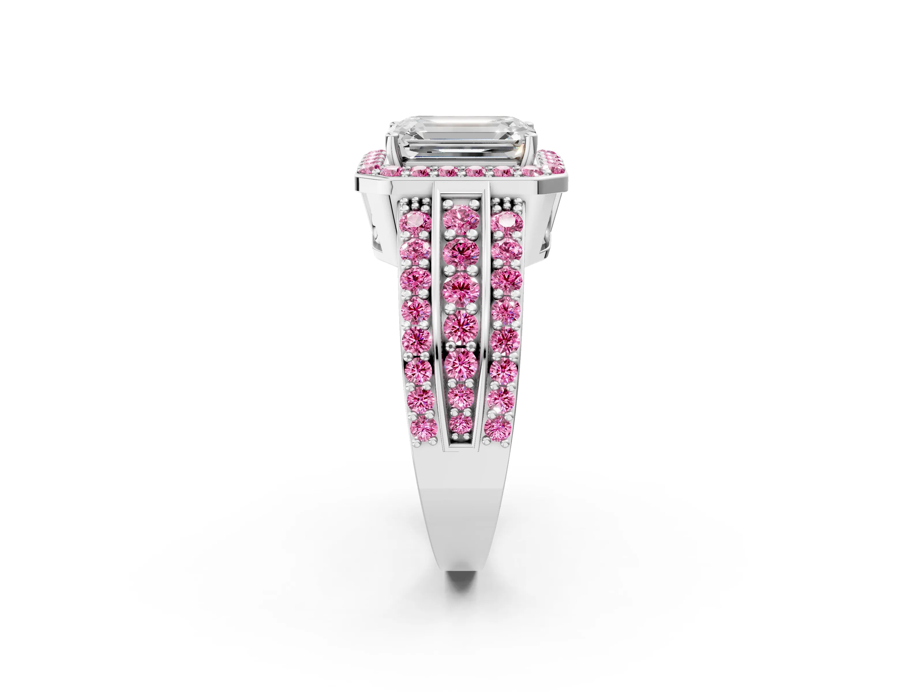 White gold Emerald Cut Halo Diamond Ring with Round with Pink Sapphire side stone Split Shank and Prong Setting_38