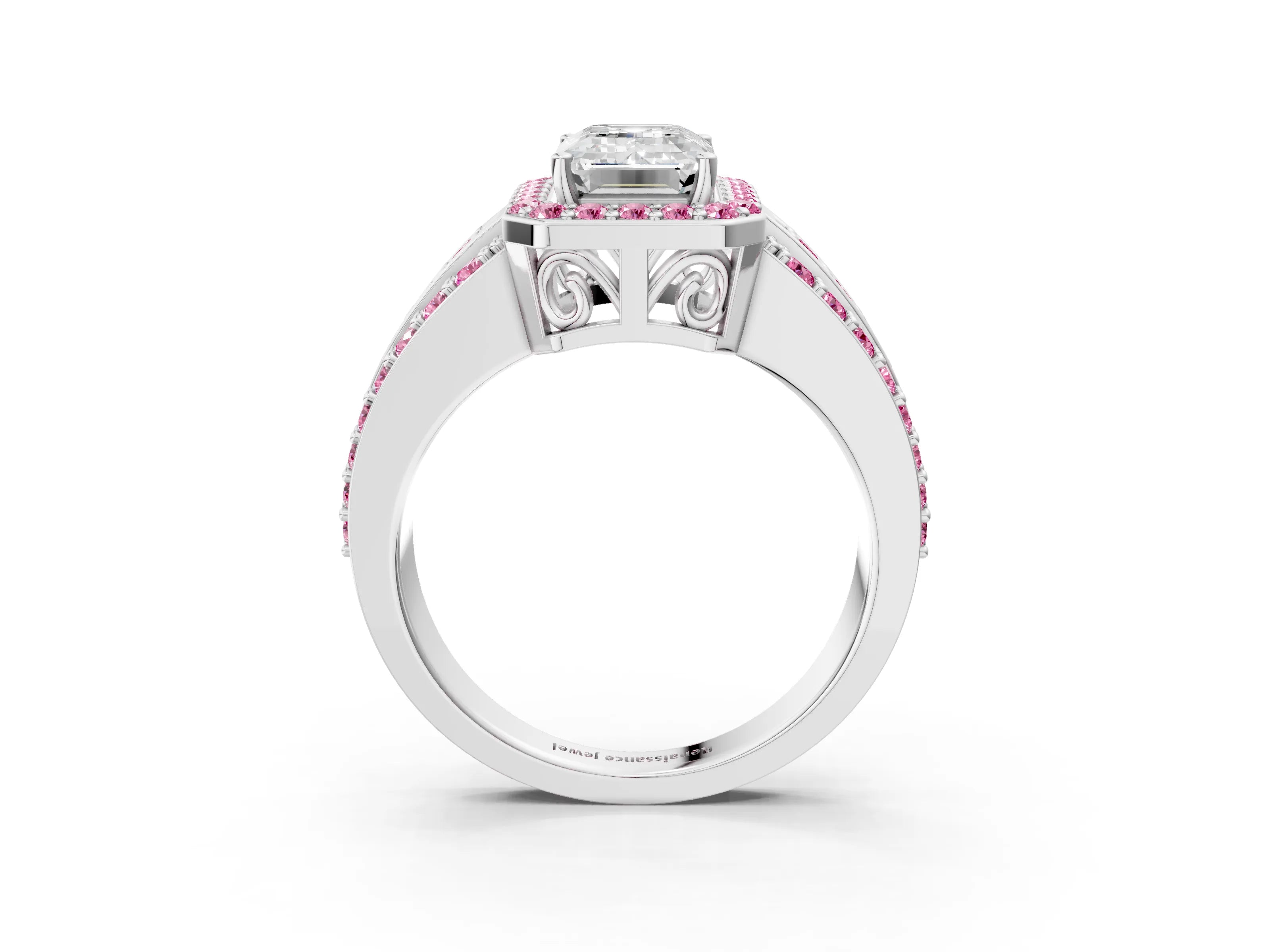 White gold Emerald Cut Halo Diamond Ring with Round with Pink Sapphire side stone Split Shank and Prong Setting_39