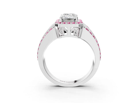 White gold Emerald Cut Halo Diamond Ring with Round with Pink Sapphire side stone Split Shank and Prong Setting_39