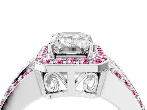 White gold Emerald Cut Halo Diamond Ring with Round with Pink Sapphire side stone Split Shank and Prong Setting_40
