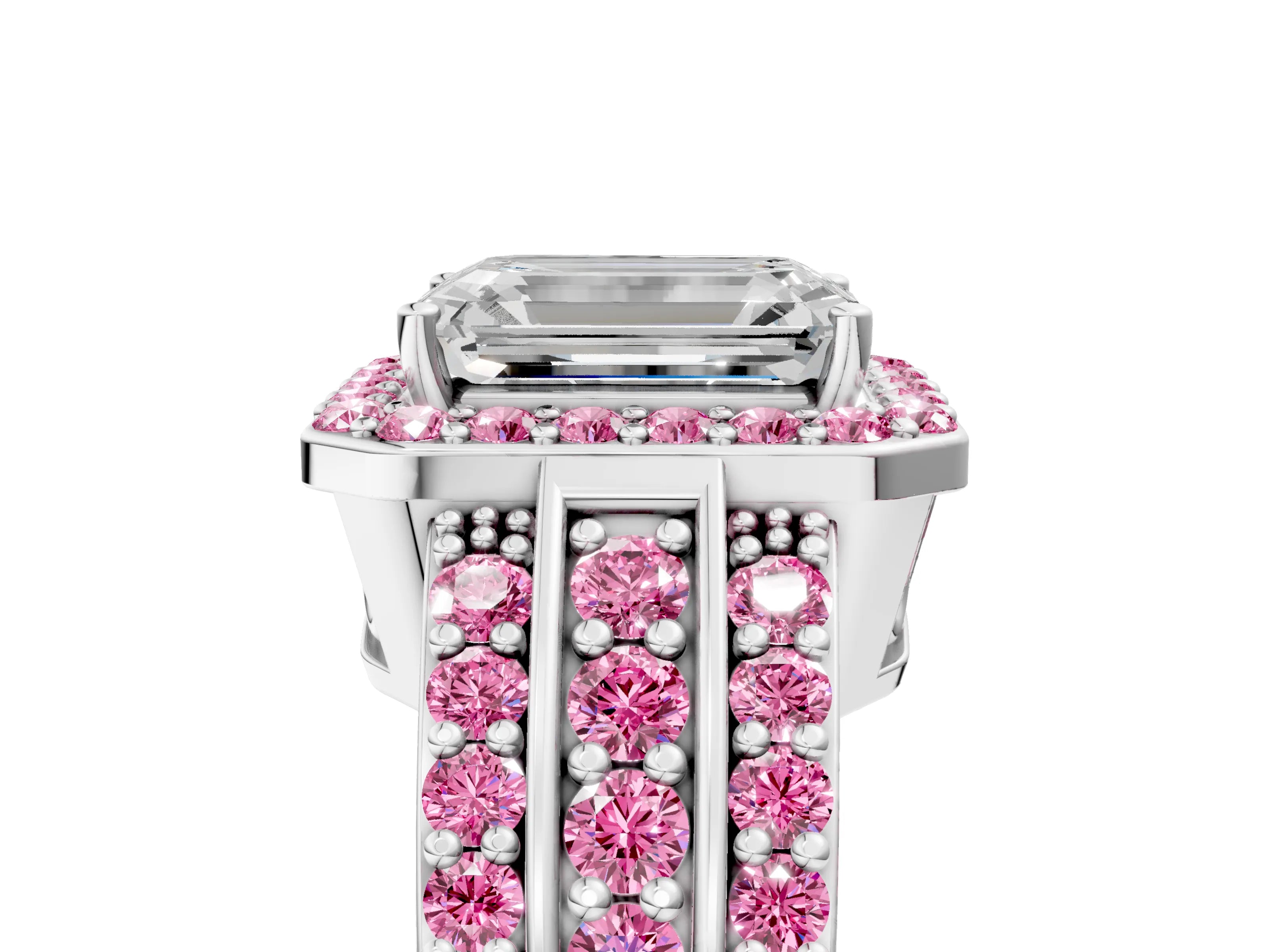 White gold Emerald Cut Halo Diamond Ring with Round with Pink Sapphire side stone Split Shank and Prong Setting_41