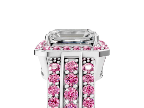White gold Emerald Cut Halo Diamond Ring with Round with Pink Sapphire side stone Split Shank and Prong Setting_41