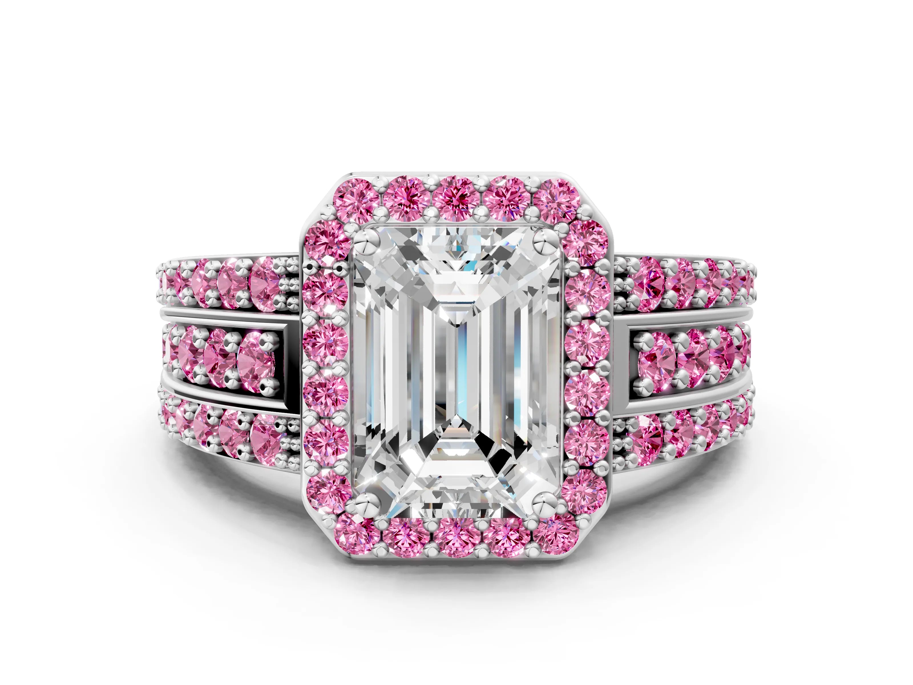 White gold Emerald Cut Halo Diamond Ring with Round with Pink Sapphire side stone Split Shank and Prong Setting_42
