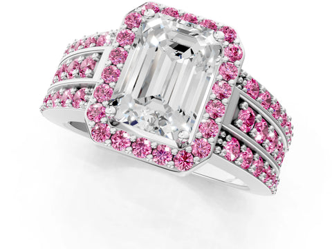 White gold Emerald Cut Halo Diamond Ring with Round with Pink Sapphire side stone Split Shank and Prong Setting_43