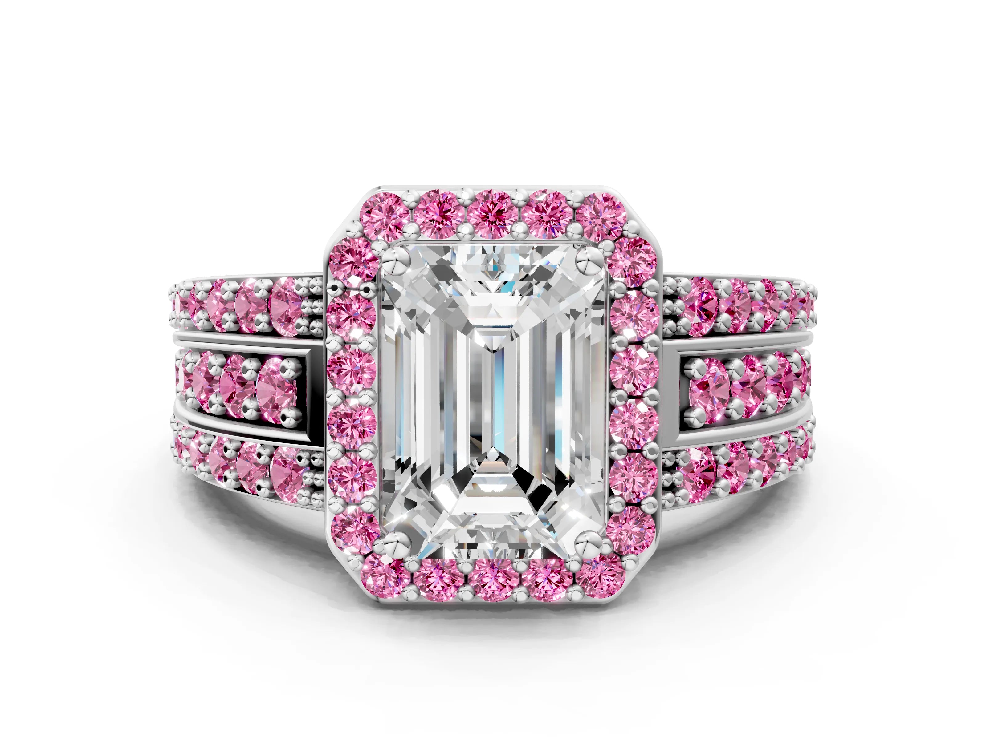White gold Emerald Cut Halo Diamond Ring with Round with Pink Sapphire side stone Split Shank and Prong Setting_48