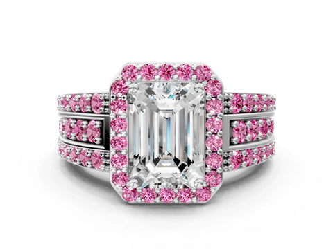 White gold Emerald Cut Halo Diamond Ring with Round with Pink Sapphire side stone Split Shank and Prong Setting_48