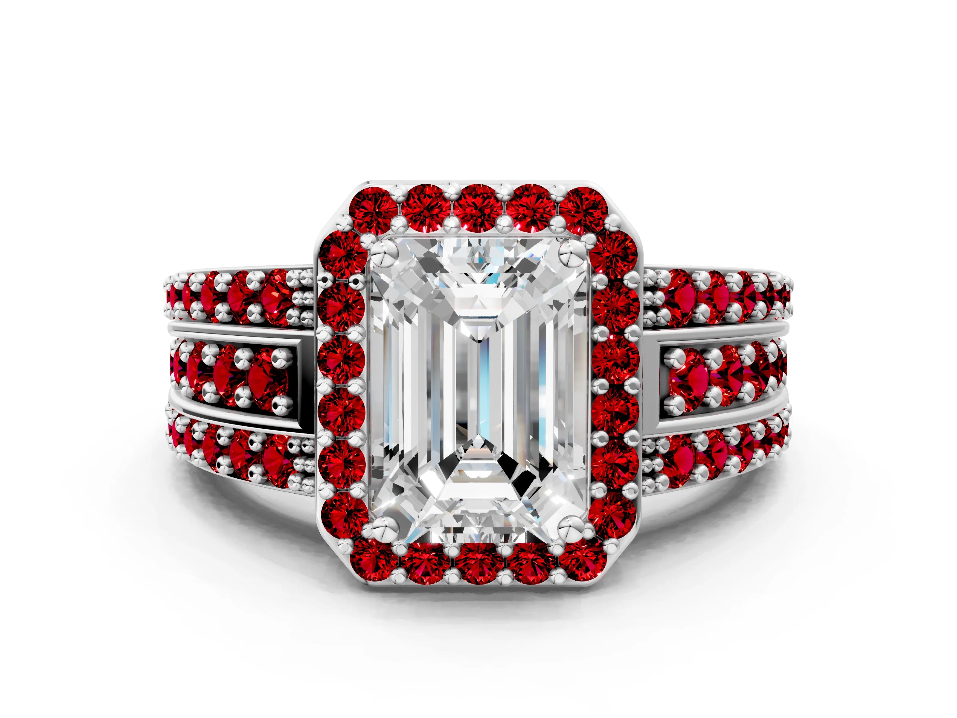 White gold Emerald Cut Halo Diamond Ring with Round with Ruby side stone Split Shank and Prong Setting_24
