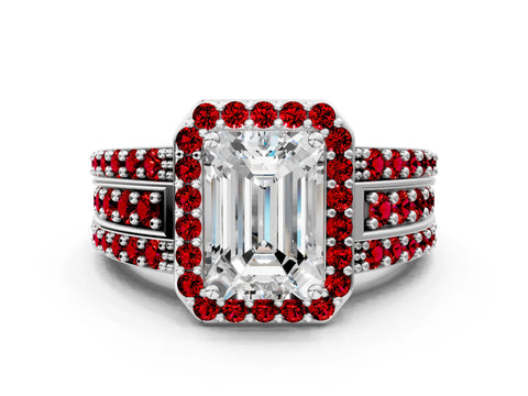 White gold Emerald Cut Halo Diamond Ring with Round with Ruby side stone Split Shank and Prong Setting_24