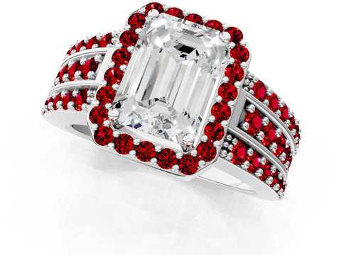 White gold Emerald Cut Halo Diamond Ring with Round with Ruby side stone Split Shank and Prong Setting_25