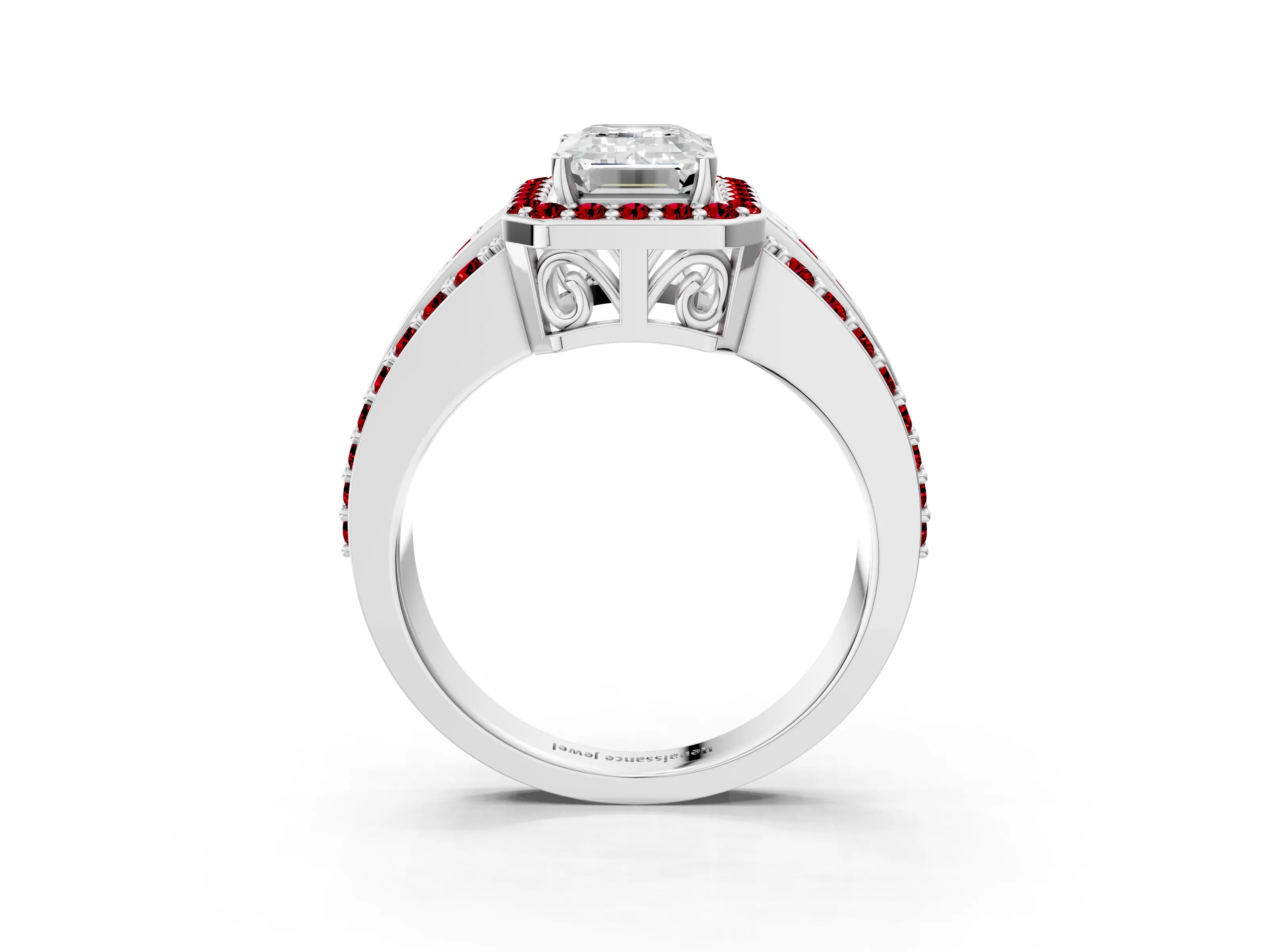 White gold Emerald Cut Halo Diamond Ring with Round with Ruby side stone Split Shank and Prong Setting_27
