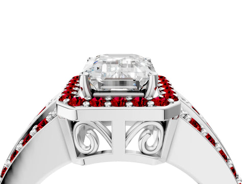 White gold Emerald Cut Halo Diamond Ring with Round with Ruby side stone Split Shank and Prong Setting_28