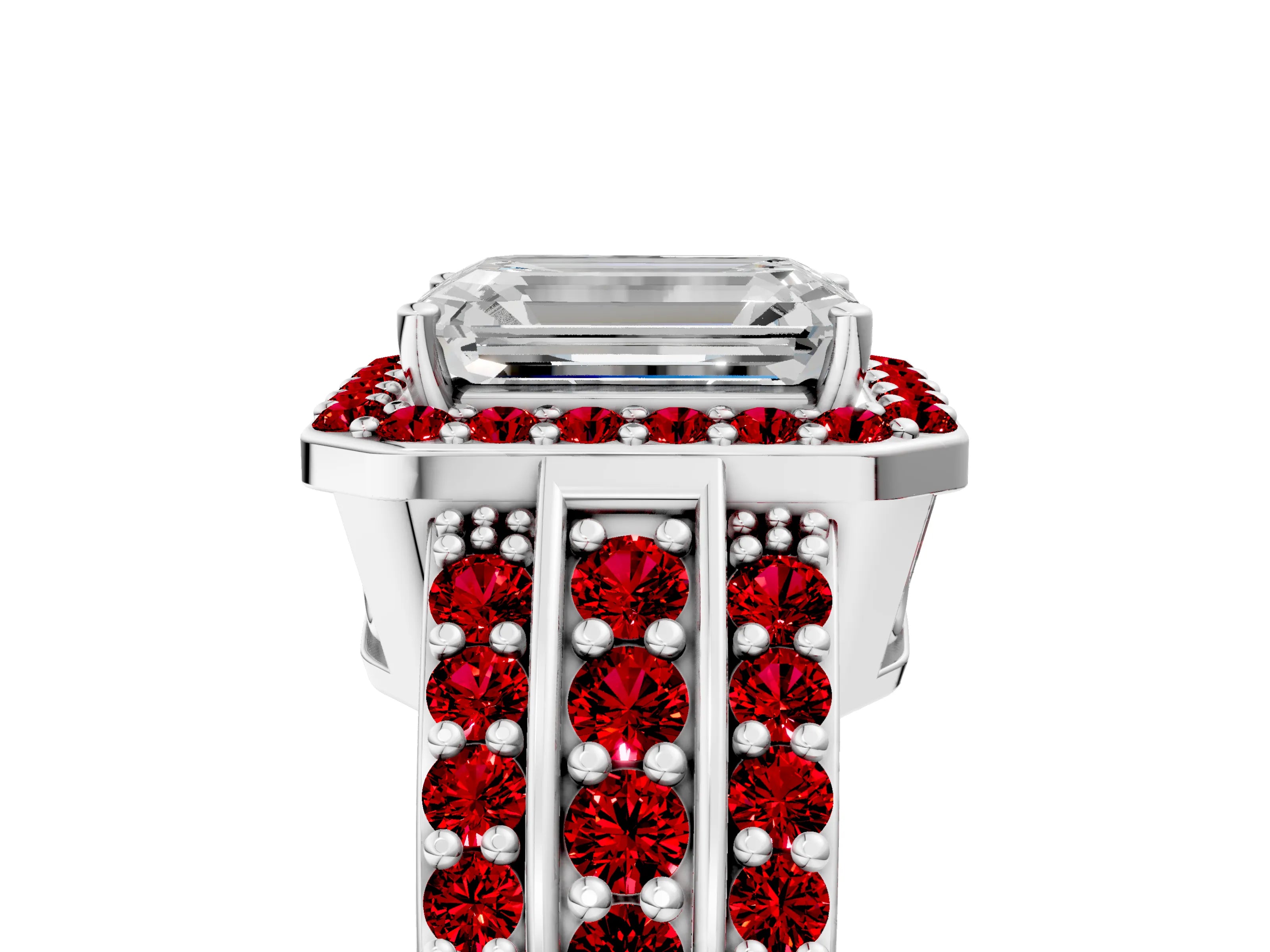 White gold Emerald Cut Halo Diamond Ring with Round with Ruby side stone Split Shank and Prong Setting_29