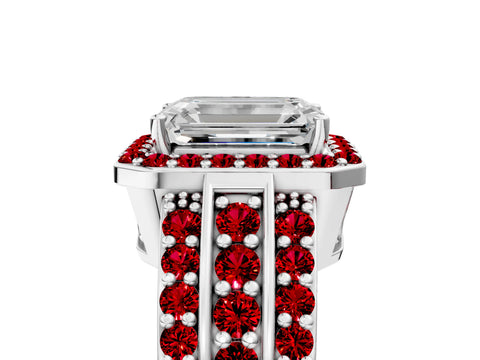 White gold Emerald Cut Halo Diamond Ring with Round with Ruby side stone Split Shank and Prong Setting_29