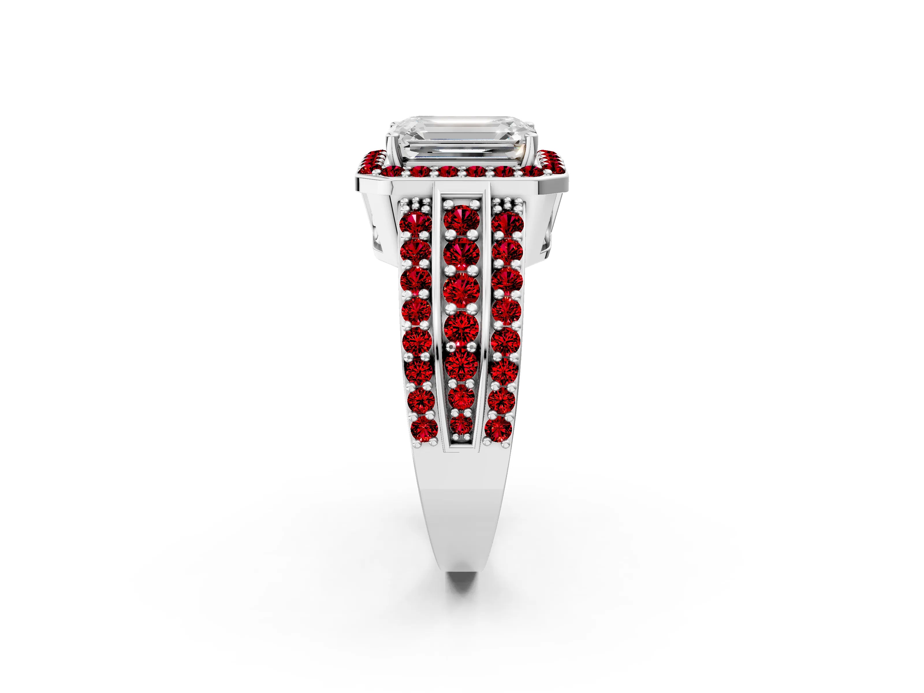 White gold Emerald Cut Halo Diamond Ring with Round with Ruby side stone Split Shank and Prong Setting_38