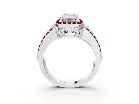 White gold Emerald Cut Halo Diamond Ring with Round with Ruby side stone Split Shank and Prong Setting_39