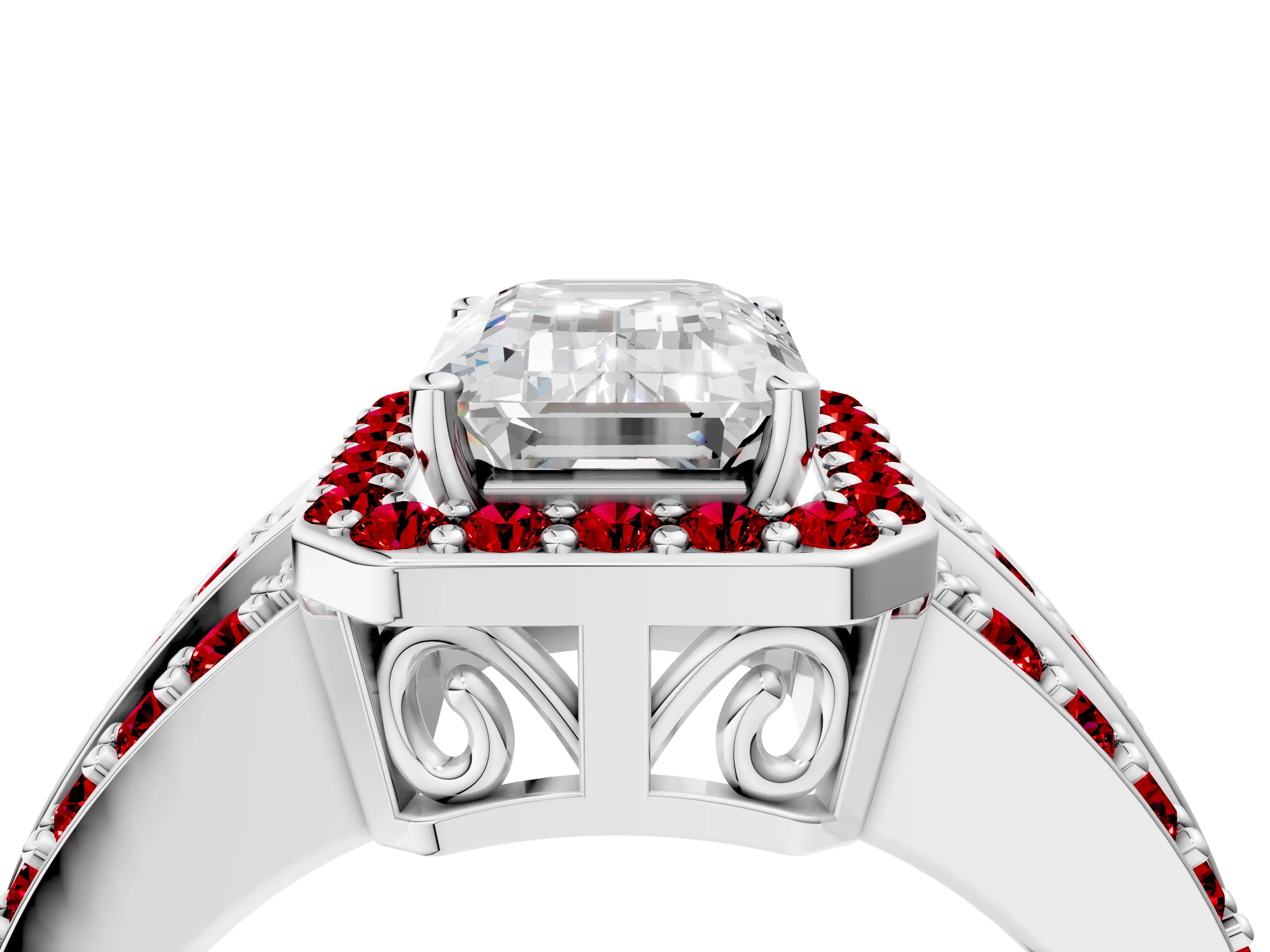 White gold Emerald Cut Halo Diamond Ring with Round with Ruby side stone Split Shank and Prong Setting_40
