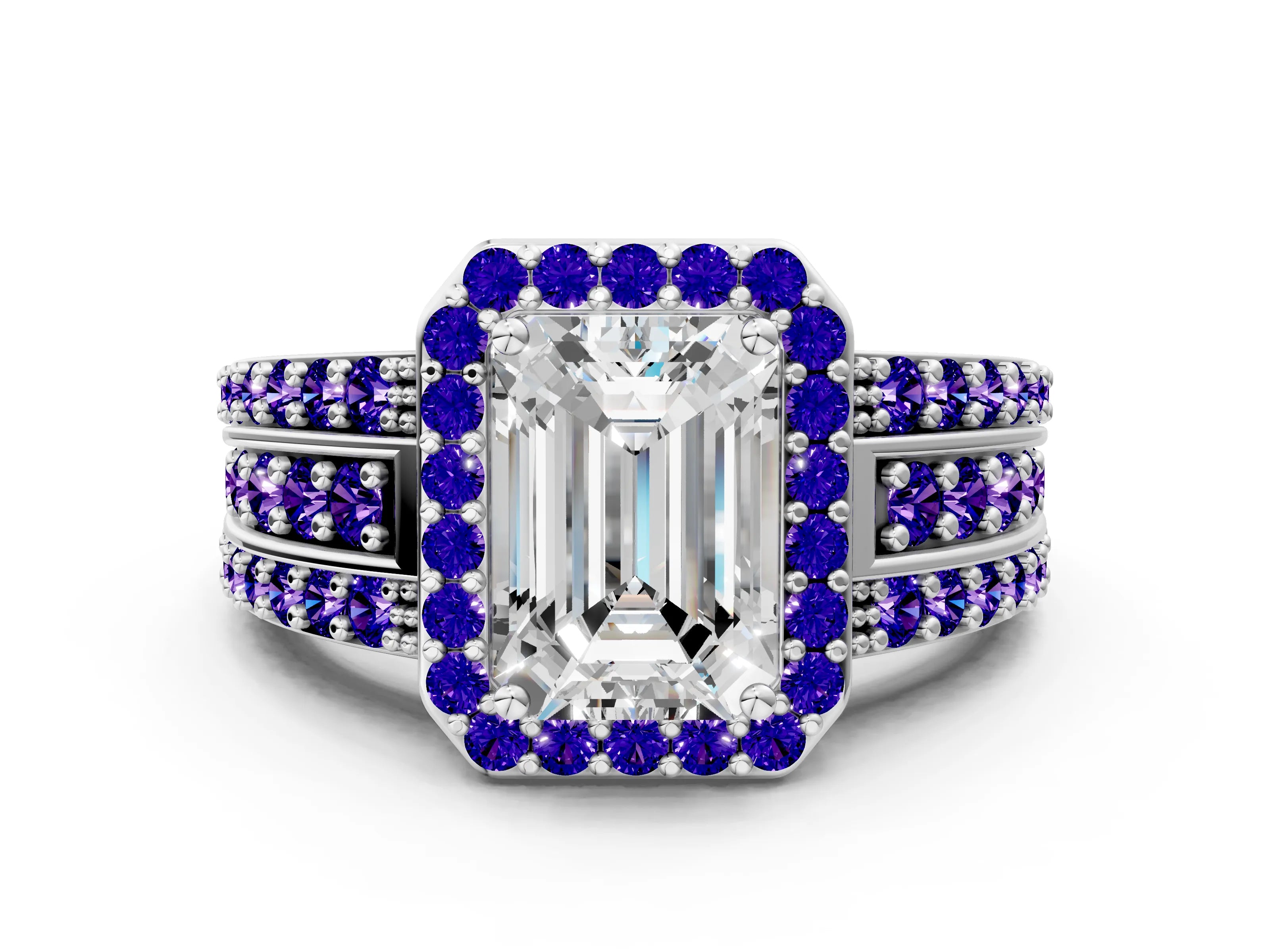 White gold Emerald Cut Halo Diamond Ring with Round with Tanzanite side stone Split Shank and Prong Setting_12