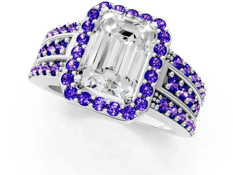 White gold Emerald Cut Halo Diamond Ring with Round with Tanzanite side stone Split Shank and Prong Setting_13