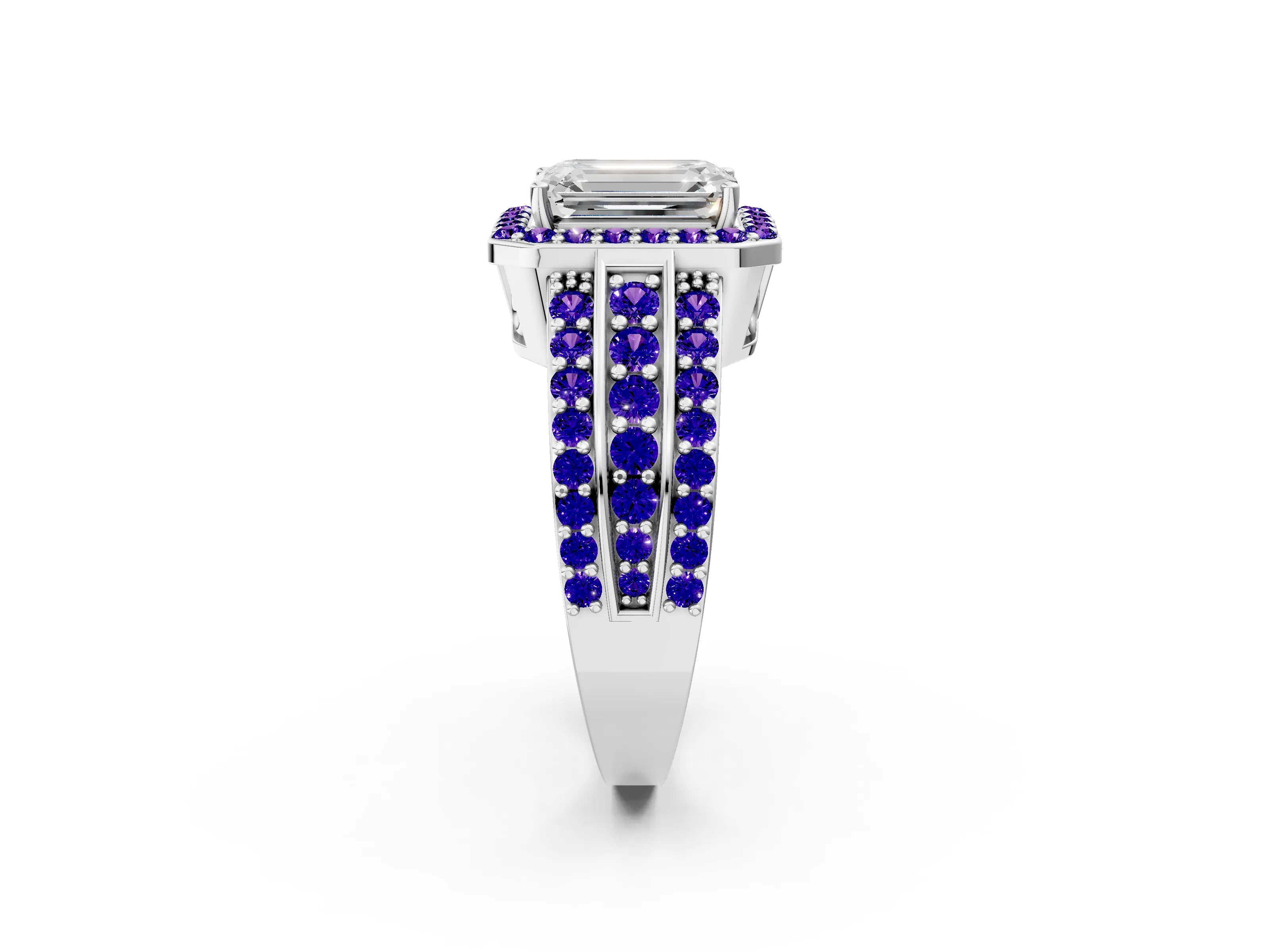 White gold Emerald Cut Halo Diamond Ring with Round with Tanzanite side stone Split Shank and Prong Setting_14