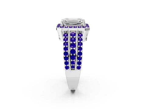 White gold Emerald Cut Halo Diamond Ring with Round with Tanzanite side stone Split Shank and Prong Setting_14