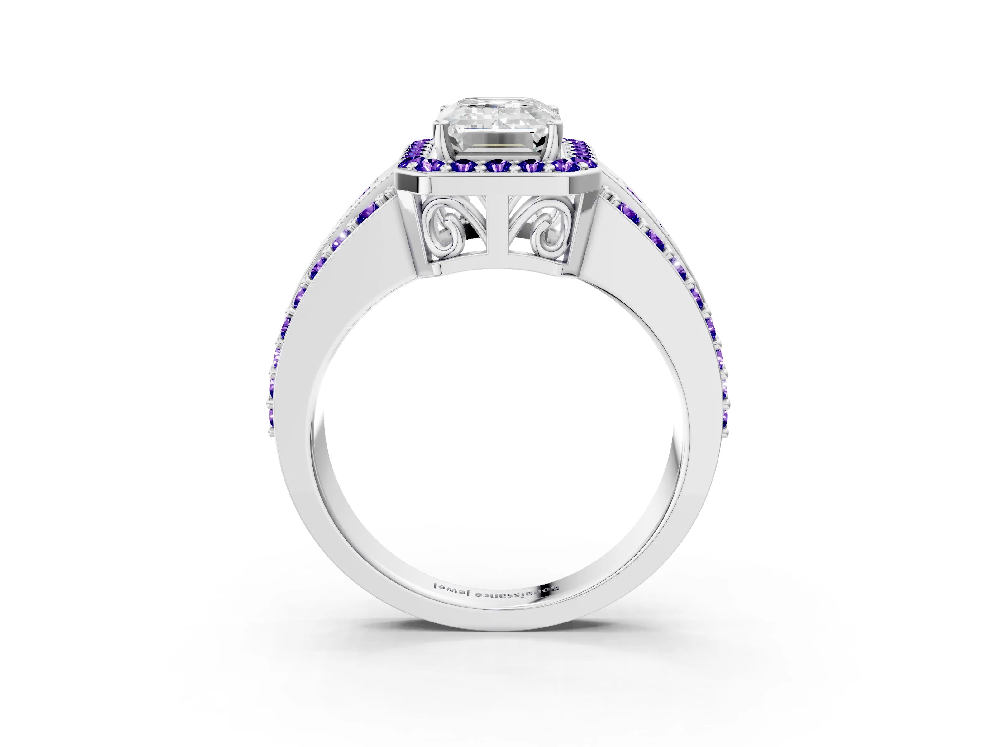 White gold Emerald Cut Halo Diamond Ring with Round with Tanzanite side stone Split Shank and Prong Setting_15