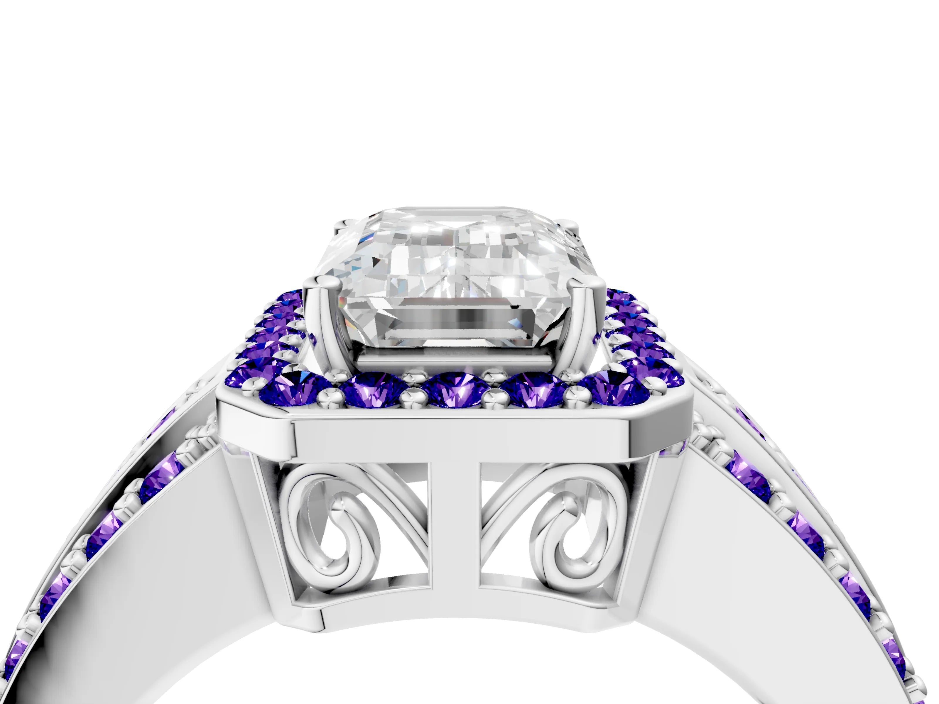 White gold Emerald Cut Halo Diamond Ring with Round with Tanzanite side stone Split Shank and Prong Setting_16
