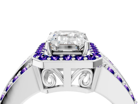 White gold Emerald Cut Halo Diamond Ring with Round with Tanzanite side stone Split Shank and Prong Setting_16