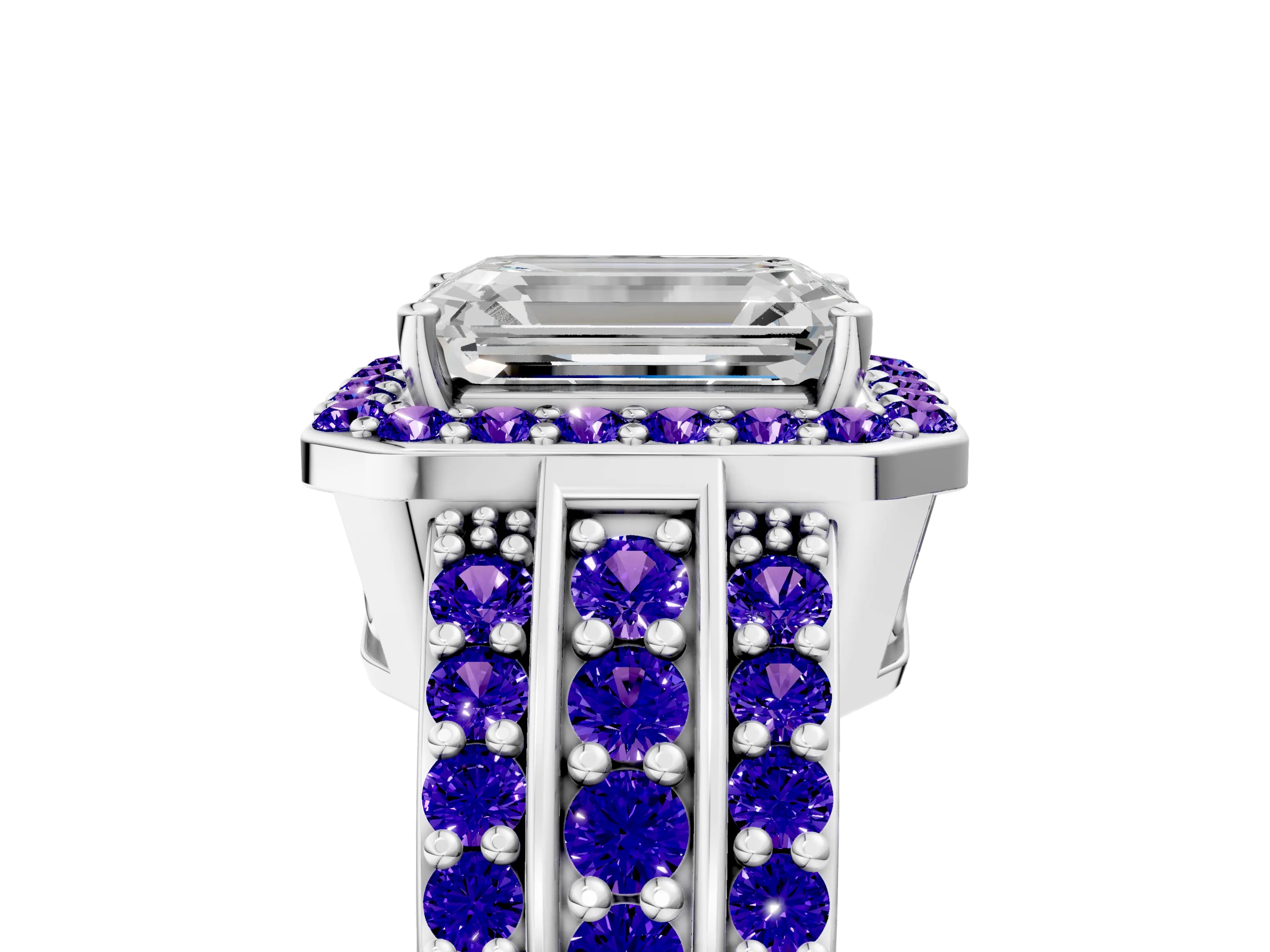 White gold Emerald Cut Halo Diamond Ring with Round with Tanzanite side stone Split Shank and Prong Setting_17
