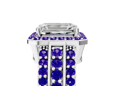 White gold Emerald Cut Halo Diamond Ring with Round with Tanzanite side stone Split Shank and Prong Setting_17