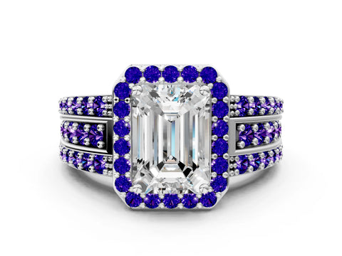 White gold Emerald Cut Halo Diamond Ring with Round with Tanzanite side stone Split Shank and Prong Setting_24