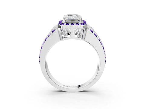 White gold Emerald Cut Halo Diamond Ring with Round with Tanzanite side stone Split Shank and Prong Setting_27
