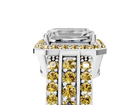 White gold Emerald Cut Halo Diamond Ring with Round with Yellow Sapphire side stone Split Shank and Prong Setting_29