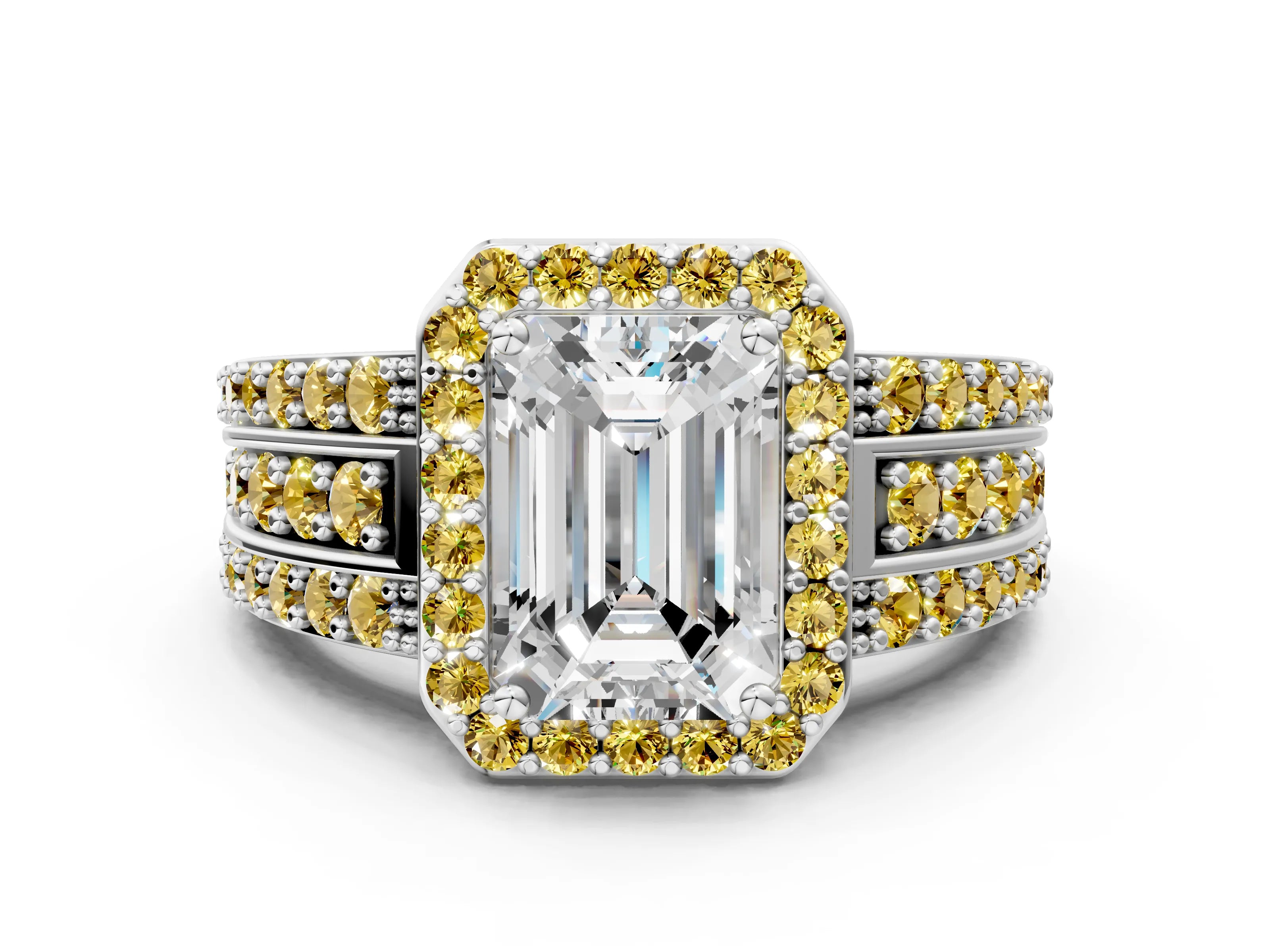 White gold Emerald Cut Halo Diamond Ring with Round with Yellow Sapphire side stone Split Shank and Prong Setting_31