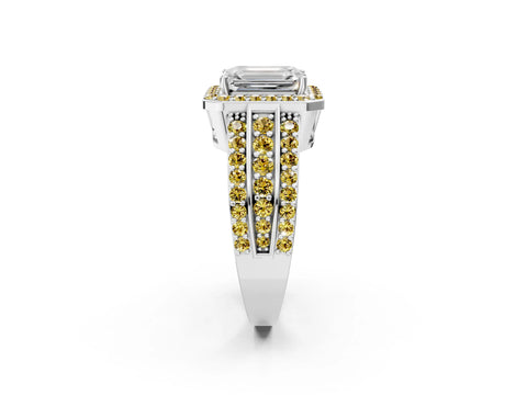 White gold Emerald Cut Halo Diamond Ring with Round with Yellow Sapphire side stone Split Shank and Prong Setting_38