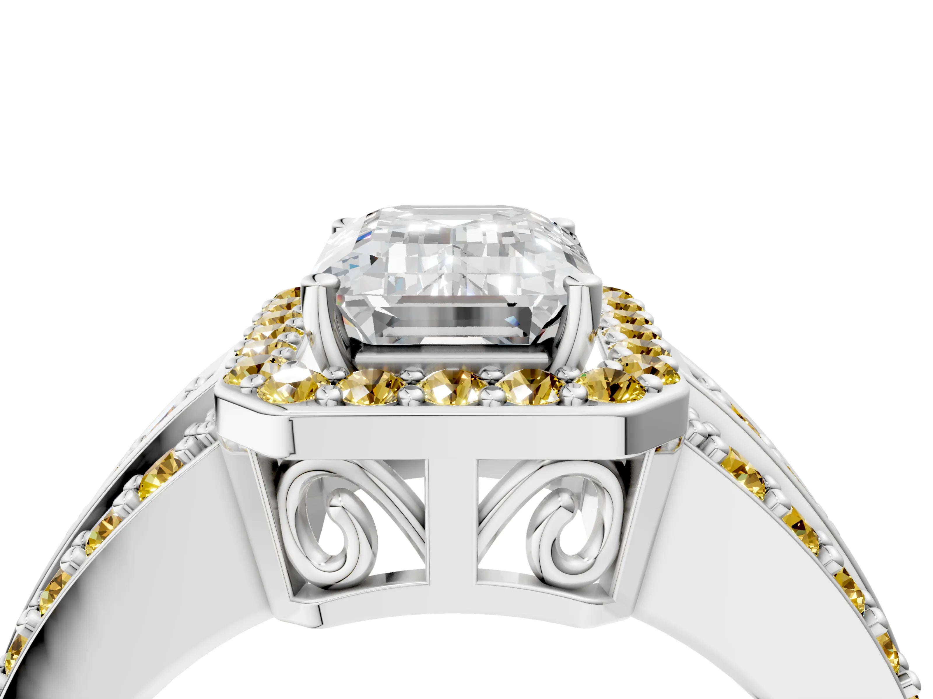 White gold Emerald Cut Halo Diamond Ring with Round with Yellow Sapphire side stone Split Shank and Prong Setting_40