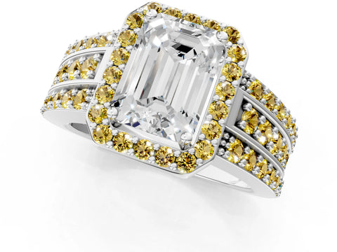 White gold Emerald Cut Halo Diamond Ring with Round with Yellow Sapphire side stone Split Shank and Prong Setting_43