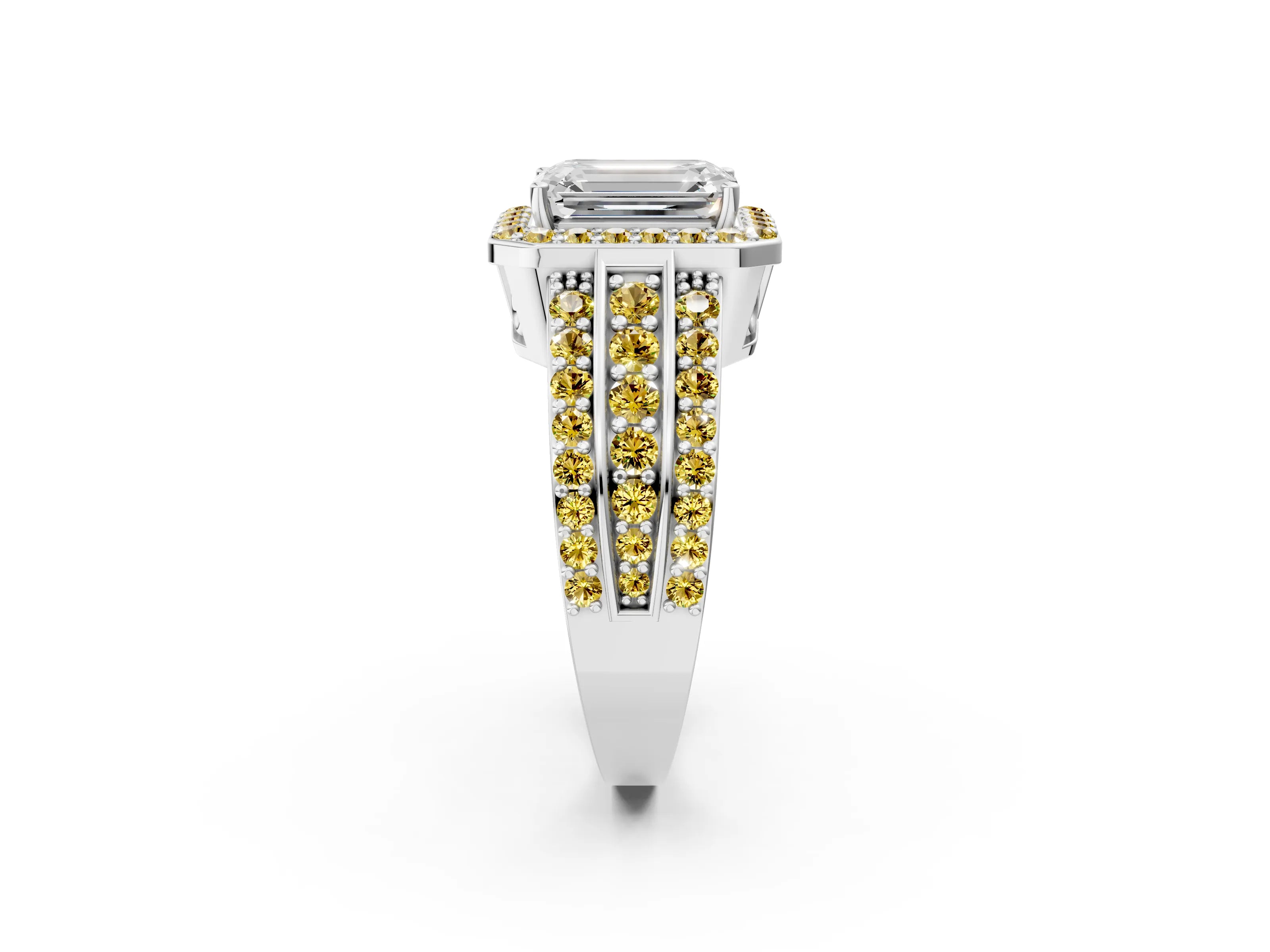 White gold Emerald Cut Halo Diamond Ring with Round with Yellow Sapphire side stone Split Shank and Prong Setting_44