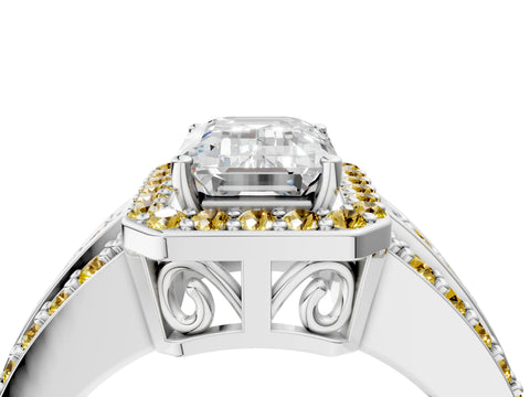 White gold Emerald Cut Halo Diamond Ring with Round with Yellow Sapphire side stone Split Shank and Prong Setting_46