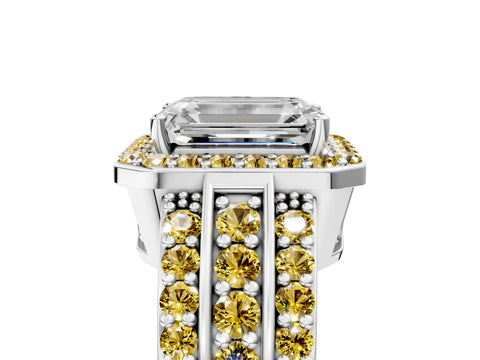 White gold Emerald Cut Halo Diamond Ring with Round with Yellow Sapphire side stone Split Shank and Prong Setting_47