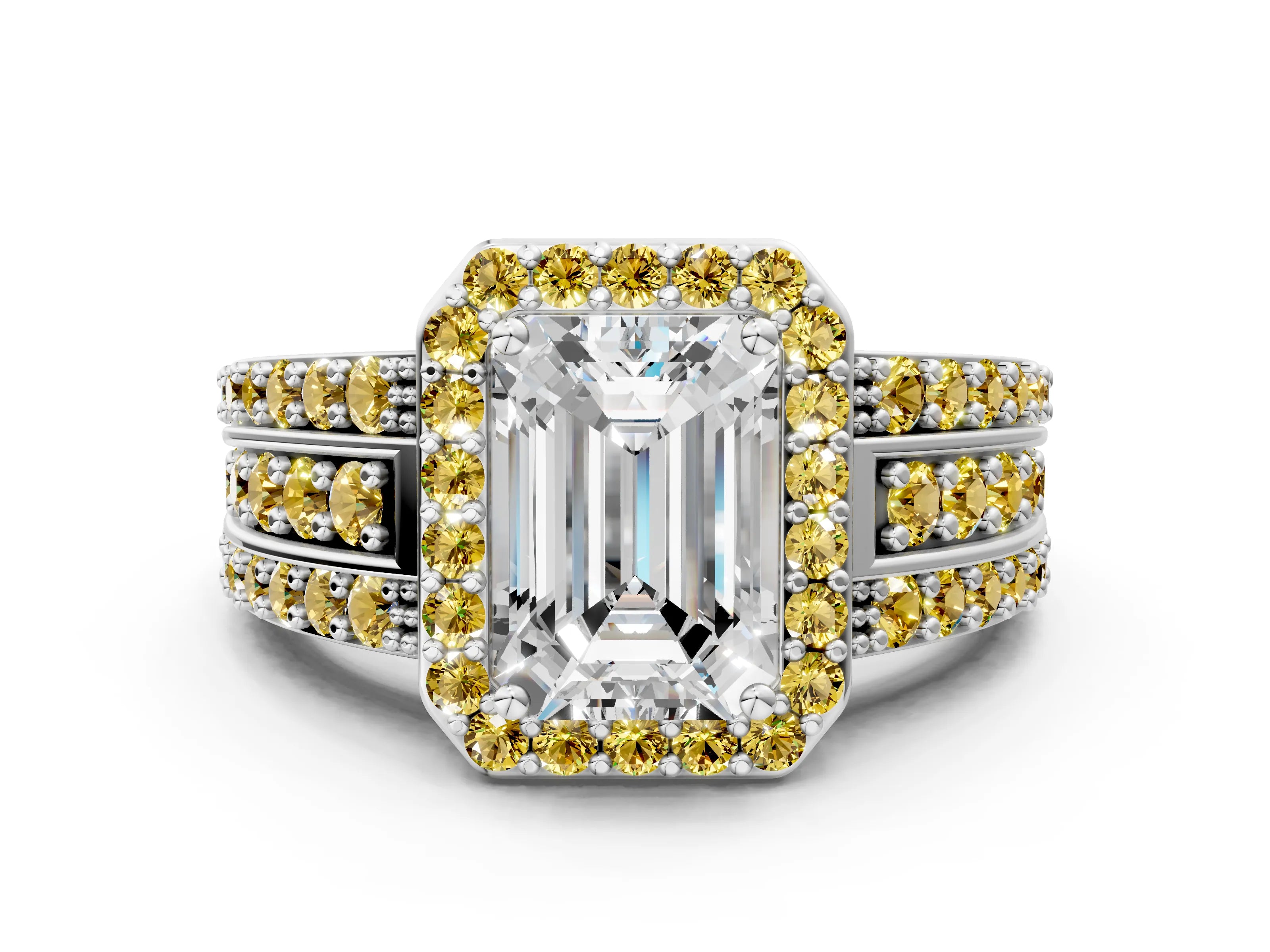 White gold Emerald Cut Halo Diamond Ring with Round with Yellow Sapphire side stone Split Shank and Prong Setting_48