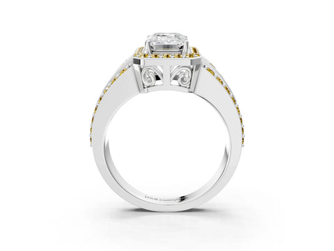 White gold Emerald Cut Halo Diamond Ring with Round with Yellow Sapphire side stone Split Shank and Prong Setting_51