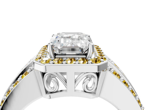 White gold Emerald Cut Halo Diamond Ring with Round with Yellow Sapphire side stone Split Shank and Prong Setting_52