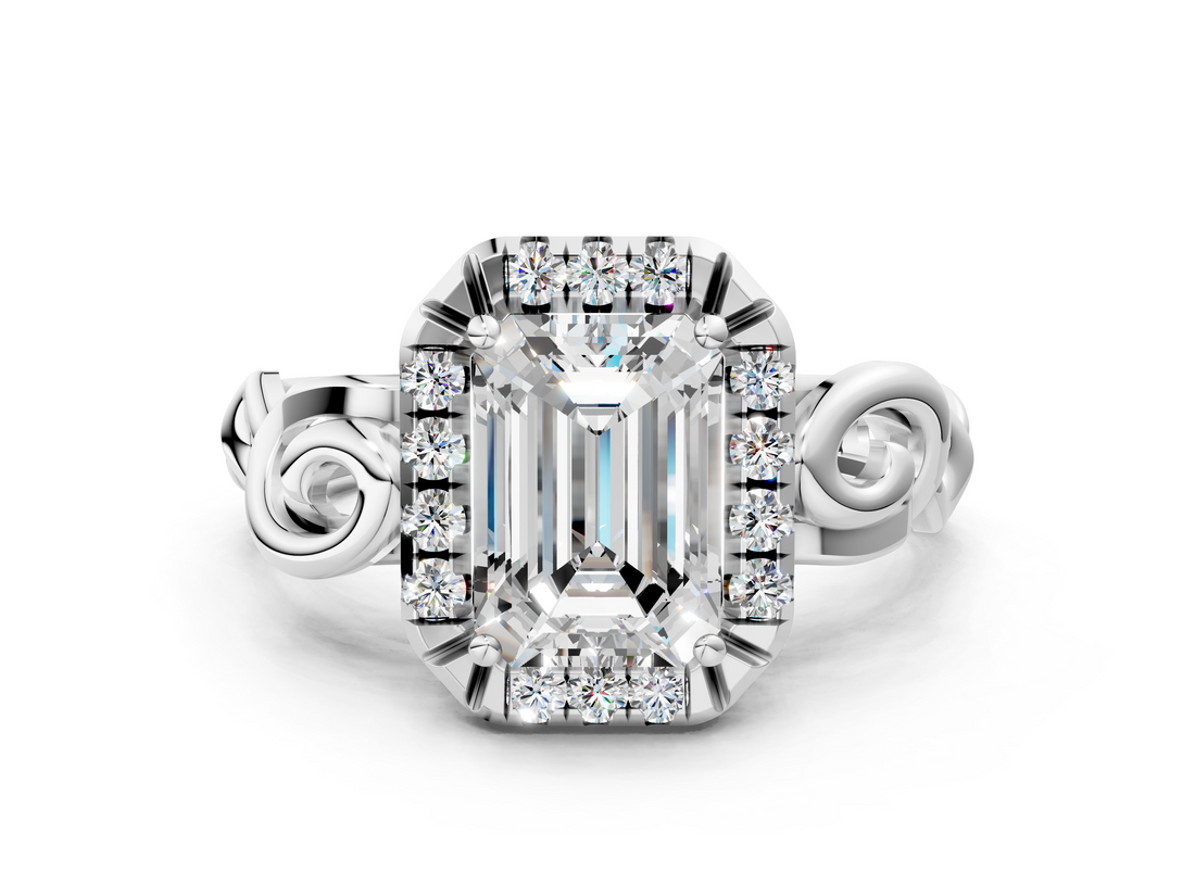 White gold Emerald Cut Halo Diamond Ring with Scrollwork Band and Four-Prong Setting_82